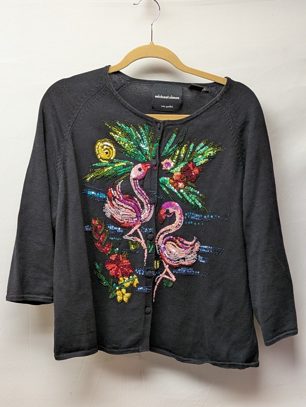 Michael Simon Flamingo Black Cardigan Sweater